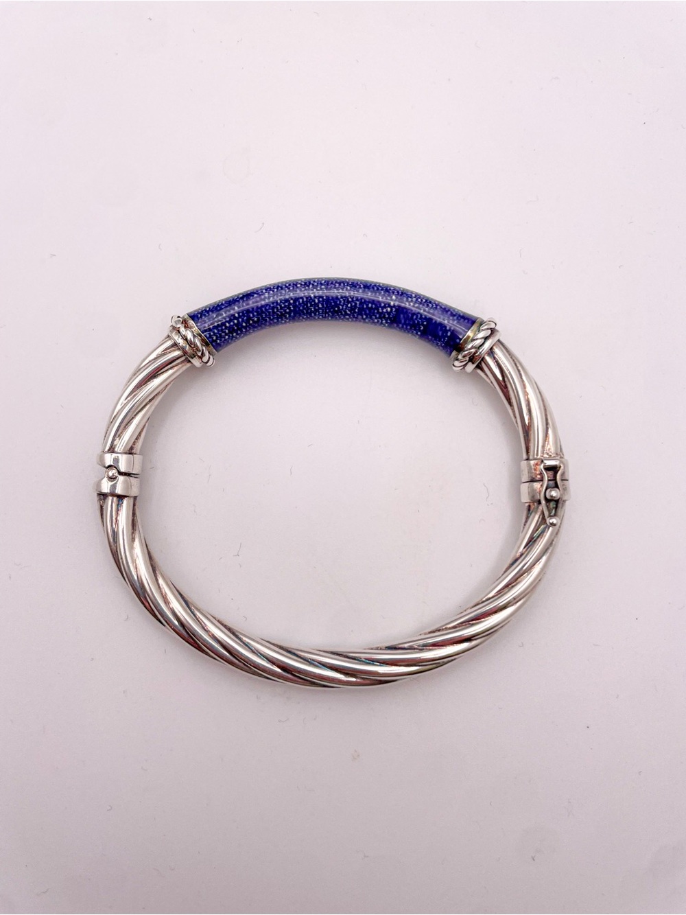 Milor Italy 925 Sterling Silver Twisted Blue Guilloche Enamel Bangle Bracelet